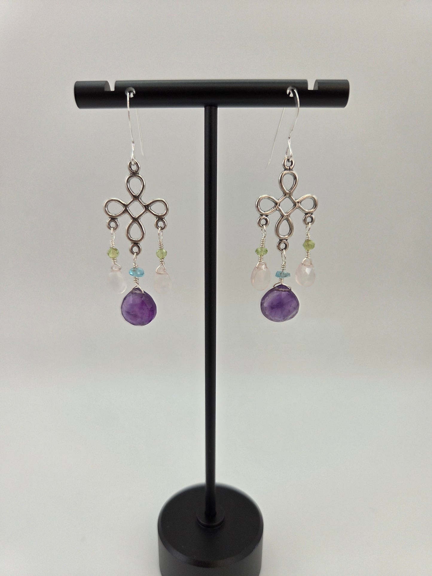 Amethyst and rose quartz sterling silver earrings