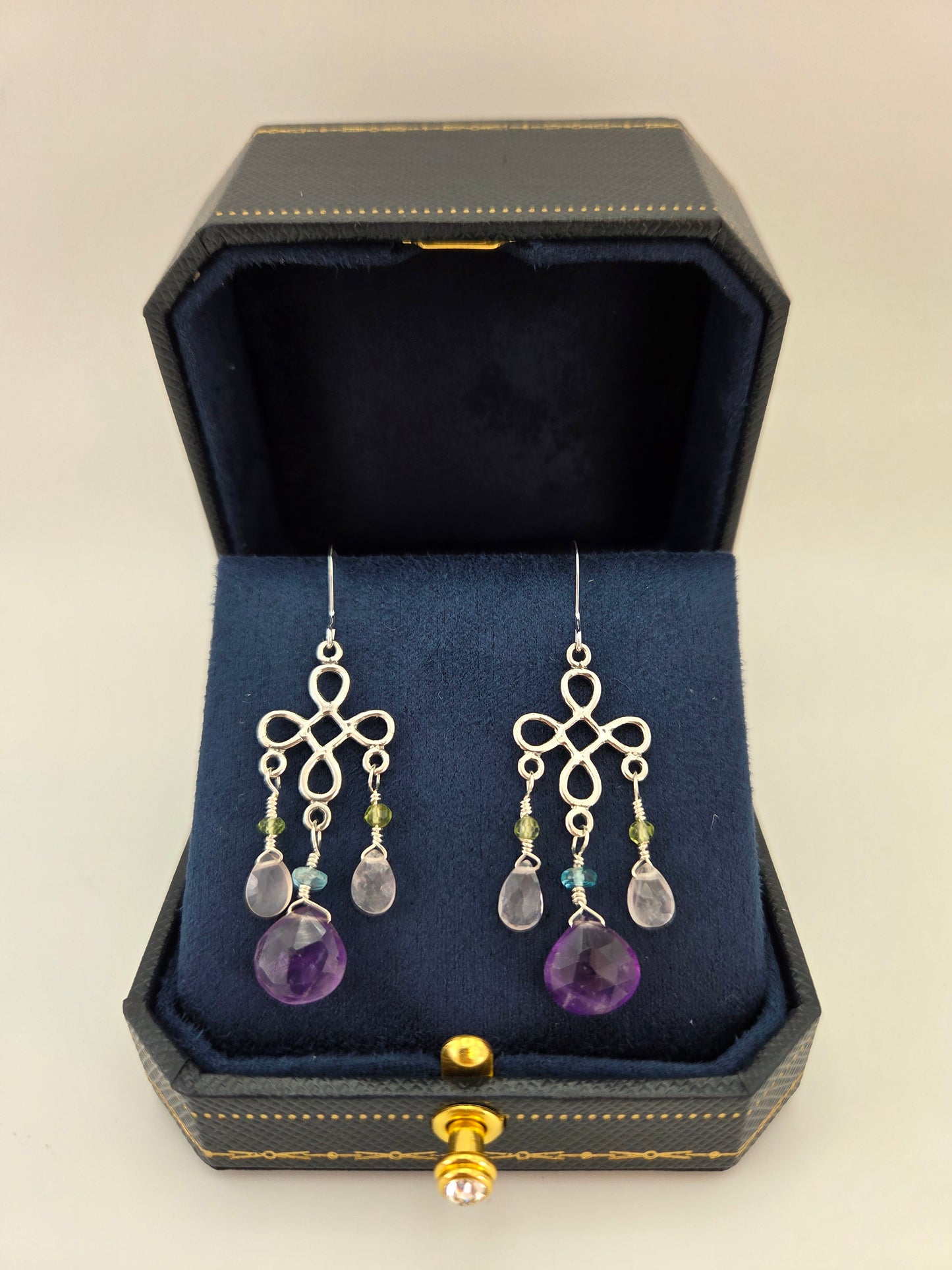 Amethyst and rose quartz sterling silver earrings