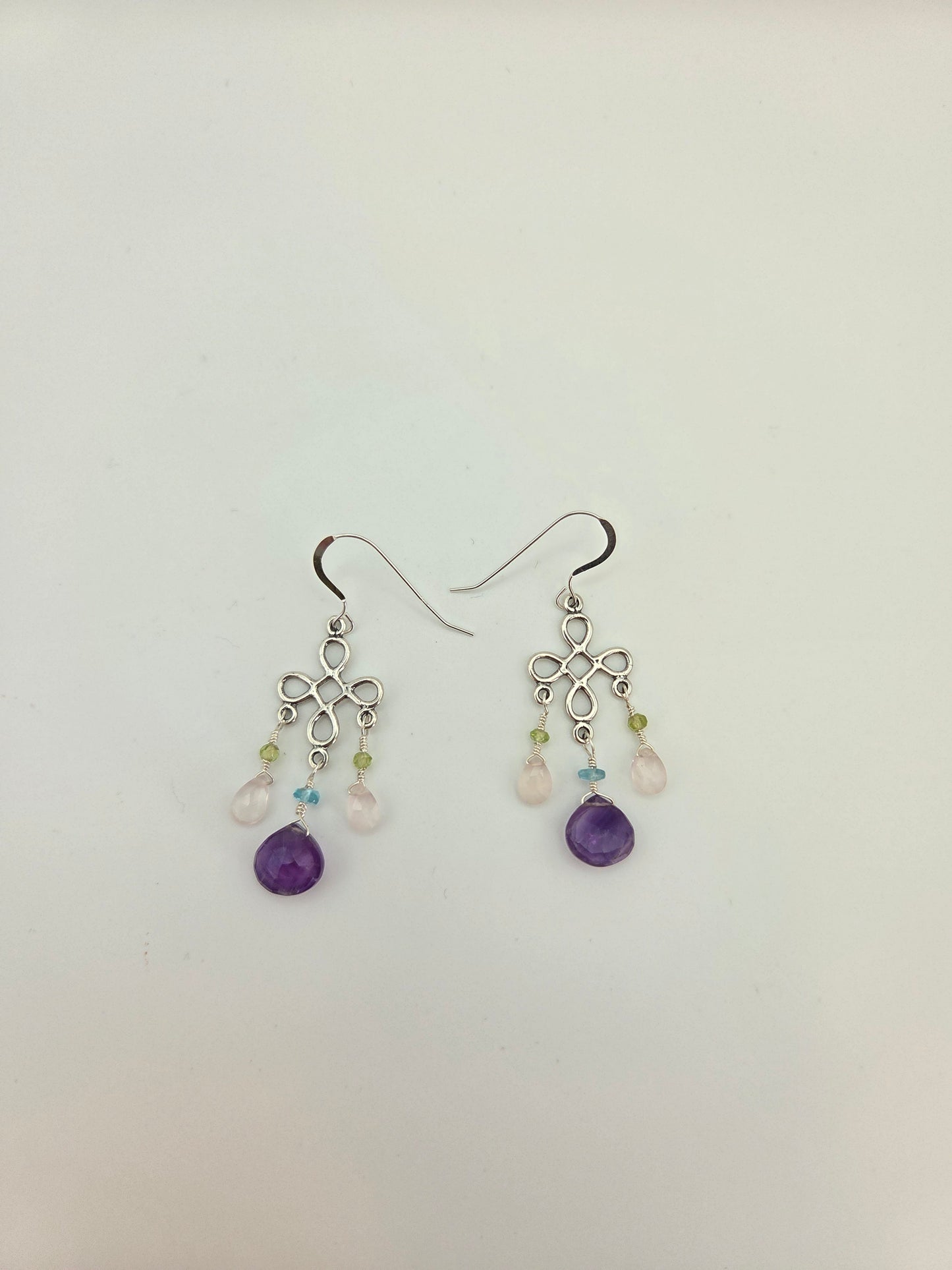 Amethyst and rose quartz sterling silver earrings
