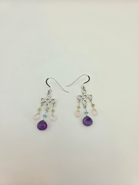 Amethyst and rose quartz sterling silver earrings
